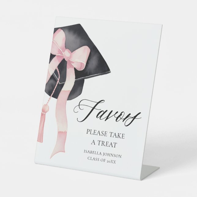 Modern Pink Bow Gradation Cap Graduate Favours Pedestal Sign (Front)
