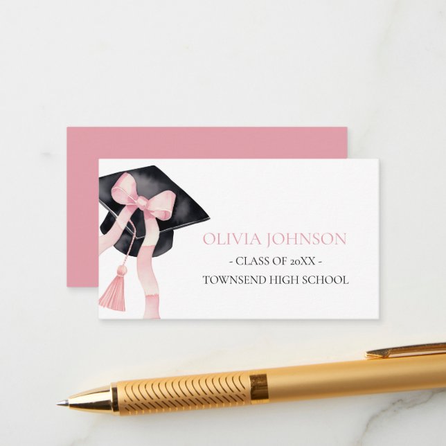 Modern Pink Bow Graduation Cap Insert Name Card (Front/Back In Situ)