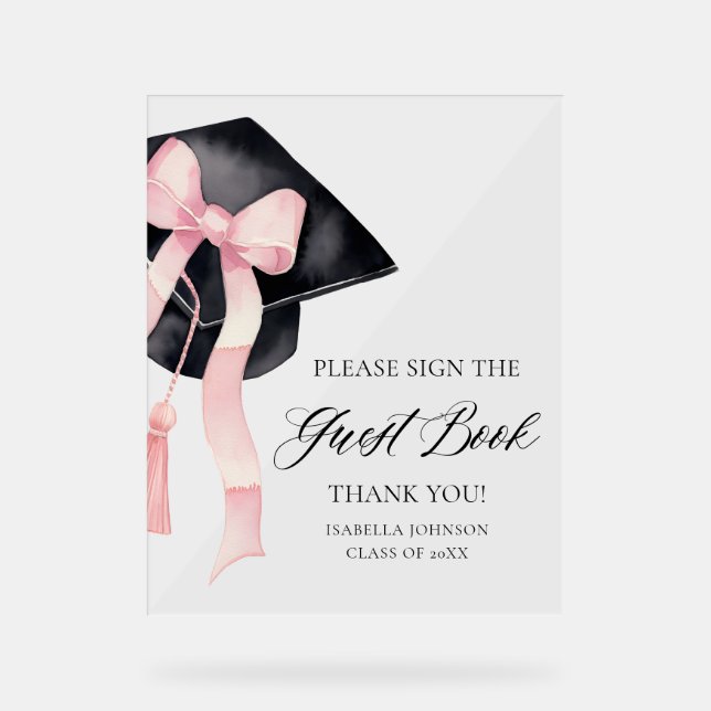 Modern Pink Bow Graduation Party Guest Book Sign (Front)
