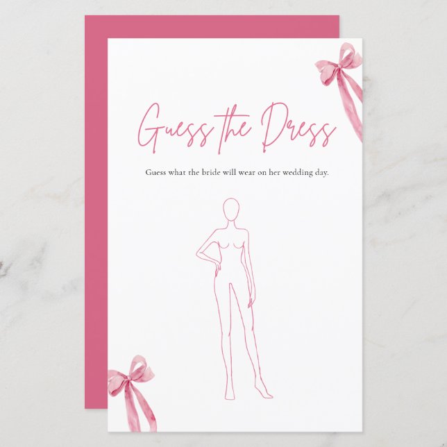 Modern Pink Bow Guess The Dress Bridal Shower Game (Front/Back)
