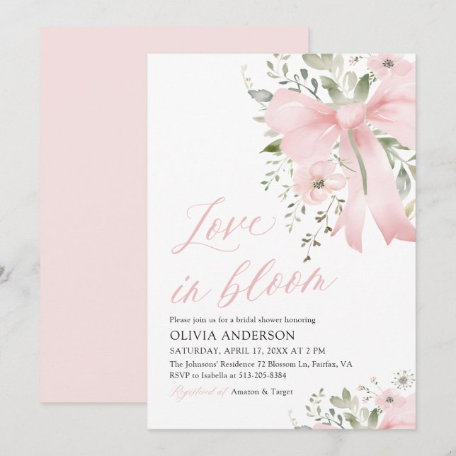 Modern Pink Bow Love in Bloom Floral Bridal Shower Invitation (Front/Back)