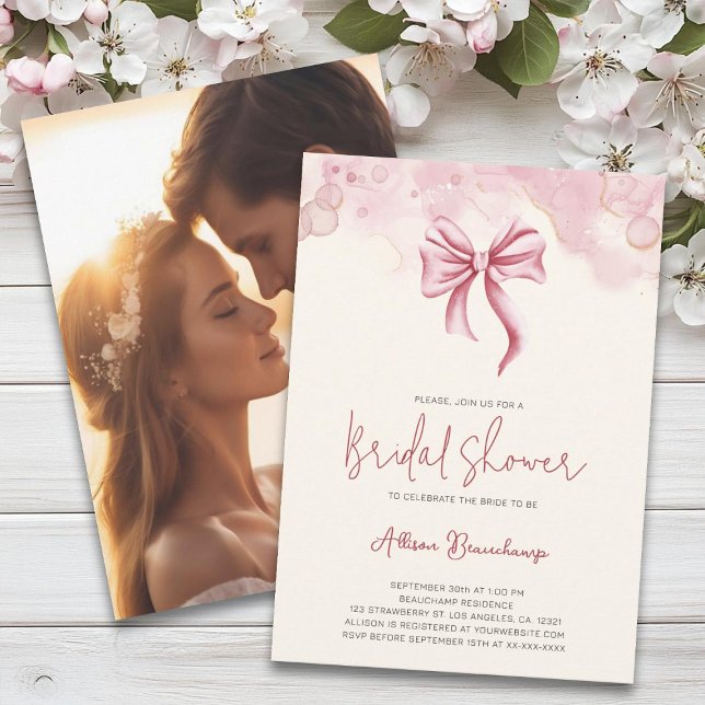 Modern Pink Bow Photo Bridal Shower Party Invitation (Creator Uploaded)
