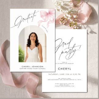 Modern Pink Bow Photo Graduation Party Invitation