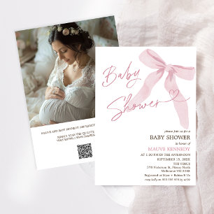 Modern Pink Bow QR Code Baby Shower Invitation