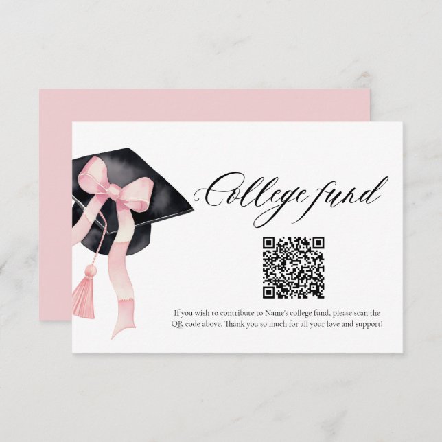Modern Pink Bow QR Code College Fund Graduation Enclosure Card (Front/Back)