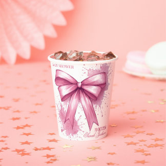 Modern Pink Bow Splatter Girl Baby Shower Paper Cups
