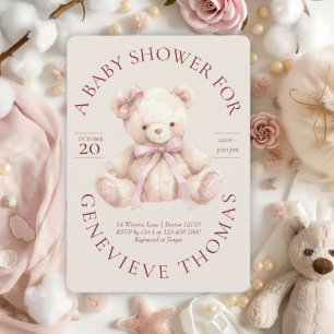 Modern Pink Bow Teddy Bear Baby Shower Invitation