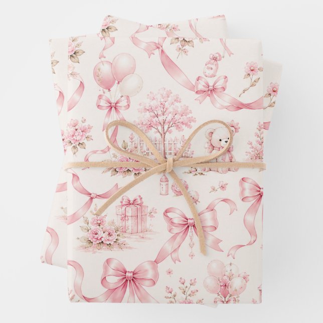 Modern Pink Bow Wrapping Paper | Coquette Ribbons (In situ)