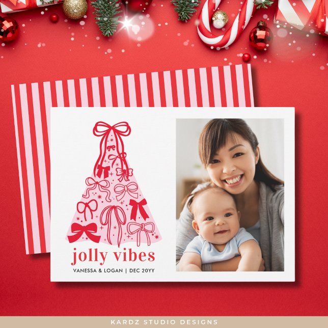 Modern Pink Bows Christmas Tree Photo Holiday Card (Holiday card shown in 5 x 7 inches, personalize and choose paper, corner style or digital invitation)