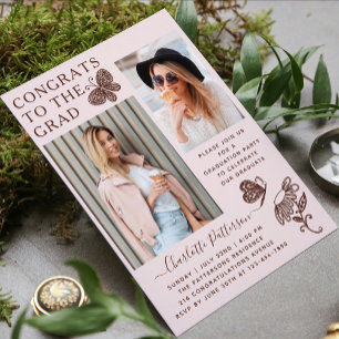 Modern Pink Brown Butterfly Photo Graduation Party Invitation