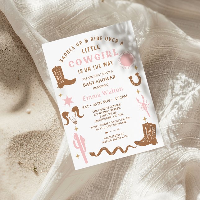 Modern Pink Brown Rodeo Cowgirl Baby Shower Invitation (Little Cowgirl Baby Shower Invitation, Western baby Shower Invitation Girl, Western, Southern, Wild )