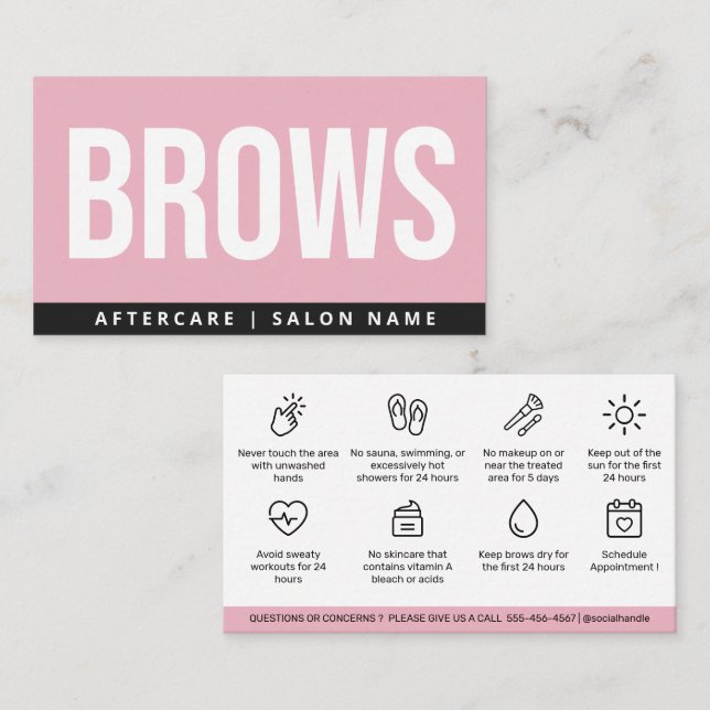 Modern Pink Brows Aftercare PMU Brow Instructions Business Card (Front/Back)