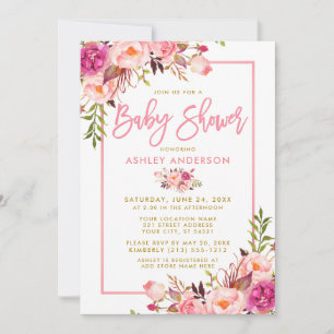 Modern Pink Brush Script Floral Gold Baby Shower Invitation