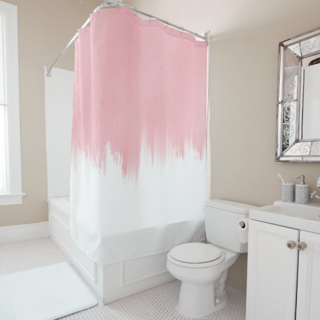 Modern Pink Brush strokes white Design Shower Curtain (In Situ)