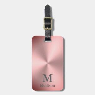 Modern Pink Brushed Metal Look Name & Monogram Luggage Tag