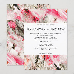 Modern pink brushstrokes abstract trendy wedding invitation