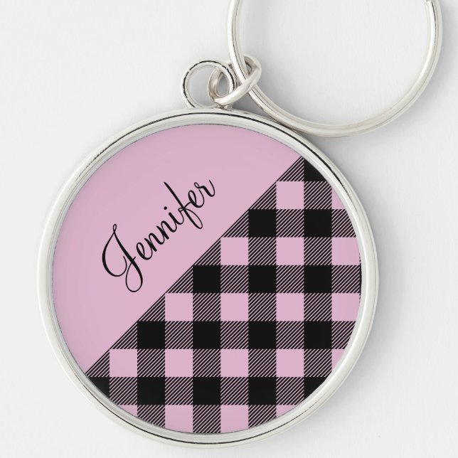 Modern Pink Buffalo Plaid Check Pattern Name Key Ring (Front)