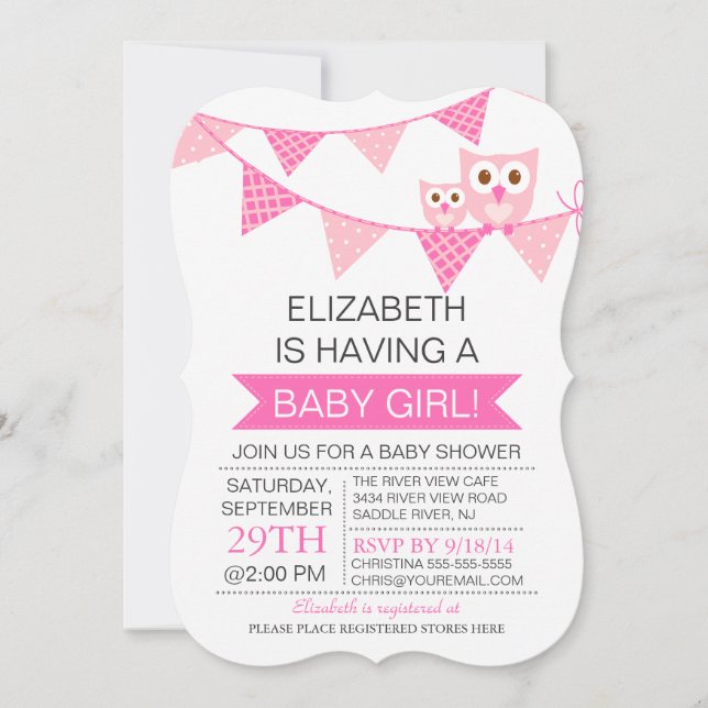 Modern Pink Bunting Owl GIRL Baby Shower Invitation (Front)