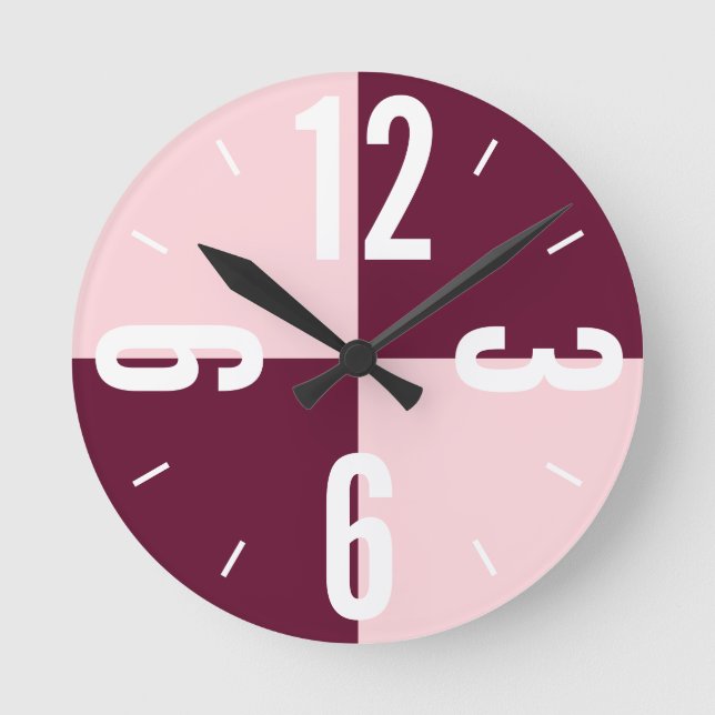 Modern pink, burgundy color blocks large numbers round clock (Front)