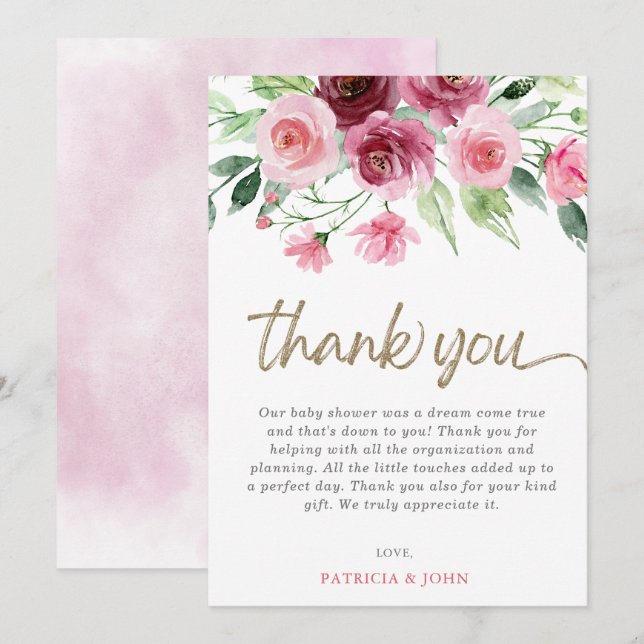 Modern Pink Burgundy Floral Girl Baby Shower Thank You Card (Front/Back)