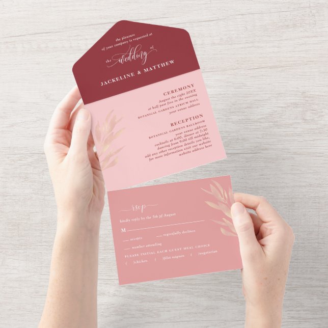 Modern Pink Burgundy Wedding with Perforated RSVP  All In One Invitation (Tearaway)