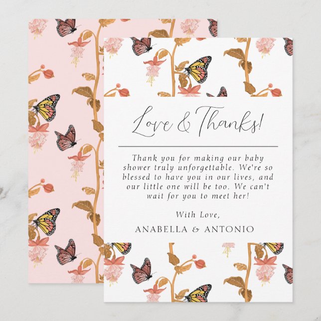 Modern Pink Butterfly Girl Baby Shower Love and  Thank You Card (Front/Back)