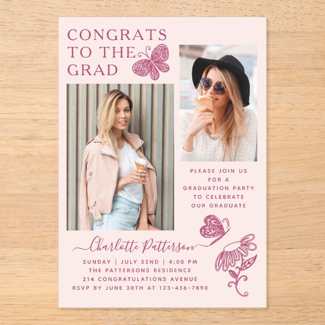 Modern Pink Butterfly Photo Graduation Party Acrylic Invitations (Front)