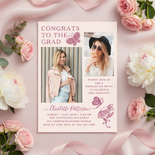 Modern Pink Butterfly Photo Graduation Party Acrylic Invitations
