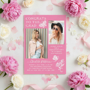 Modern Pink Butterfly Photo Graduation Party Acrylic Invitations