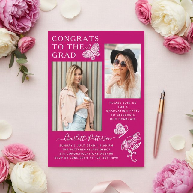 Modern Pink Butterfly Photo Graduation Party Acrylic Invitations (Creator Uploaded)