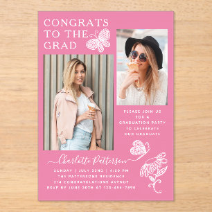 Modern Pink Butterfly Photo Graduation Party Acrylic Invitations
