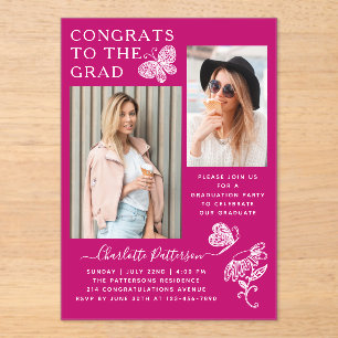 Modern Pink Butterfly Photo Graduation Party Acrylic Invitations