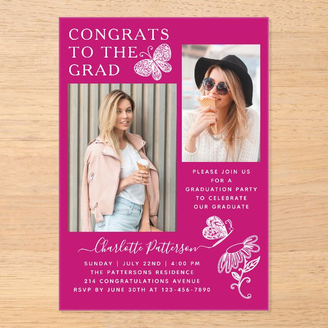 Modern Pink Butterfly Photo Graduation Party Acrylic Invitations (Front)