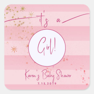 Modern Pink Cabana Stripes & Gold Stars Girl Baby  Square Sticker