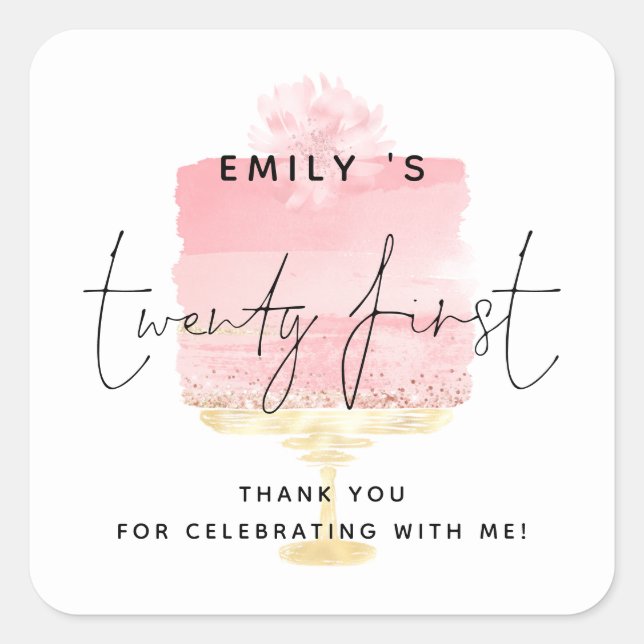 Modern Pink Cake Name 21st Birthday Party Thanks  Square Sticker (Front)