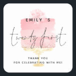 Modern Pink Cake Name 21st Birthday Party Thanks  Square Sticker<br><div class="desc">Modern Pink Cake Script Name 21st Birthday Party Thank You. Ideal for your party favours, Twenty First is centred in a set handwritten style script with name and your thank you message whch you can easily personalise, overlaid onto a Watercolor pastel pink cake to the background on a gold stand...</div>