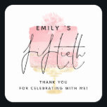 Modern Pink Cake Name 50th Birthday Party Thanks Square Sticker<br><div class="desc">Modern Pink Cake Script Name 50th Birthday Party Thank You. Ideal for your party favours, Fiftieth is centred in a set handwritten style script withname and your thak you message whch you can easily personalise, overlaid onto a pretty palest pink cake to the background on a gold stand and a...</div>