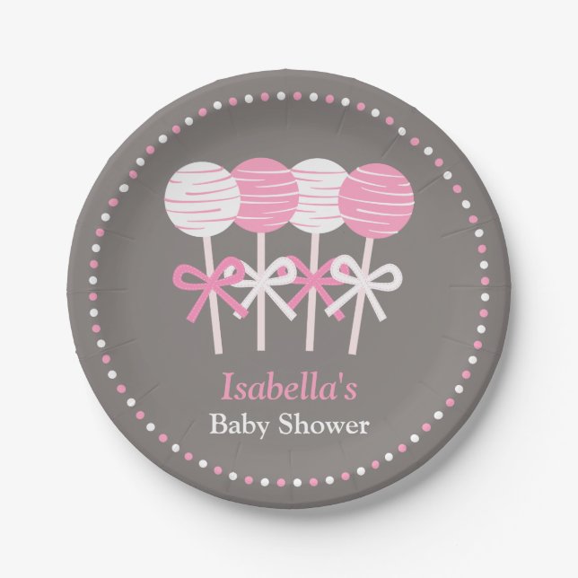 Modern Pink Cake Pops Baby Shower Supplies Paper Plate (Front)
