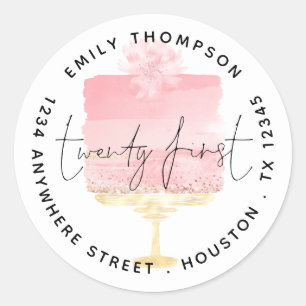 Modern Pink Cake Script 21st Name Return Address Classic Round Sticker