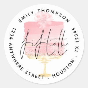 Modern Pink Cake Script 50th Name Return Address Classic Round Sticker