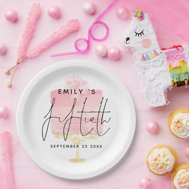 Modern Pink Cake Script Name 50th Birthday Party Paper Plate (Party)