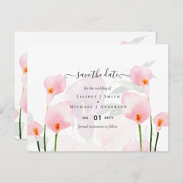 Modern Pink Calla Lily Wedding Save Date QR Code Postcard (Front/Back)