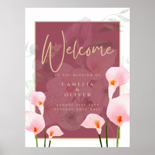Modern Pink Calla Lily Wedding Welcome Sign (Front)