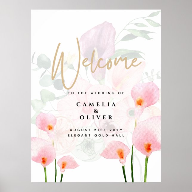 Modern Pink Calla Lily Wedding Welcome Sign (Front)