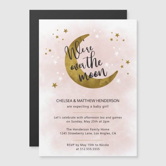 Modern Pink Calligraphy Over The Moon Baby Shower Magnetic Invitation (Front/Back)