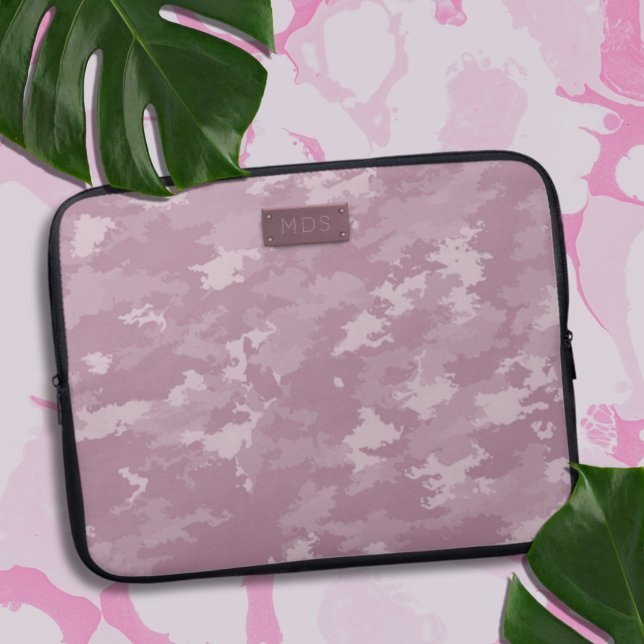 Modern Pink Camo Camouflage Laptop Sleeve (A blush pink camo laptop sleeve with space for your initials)
