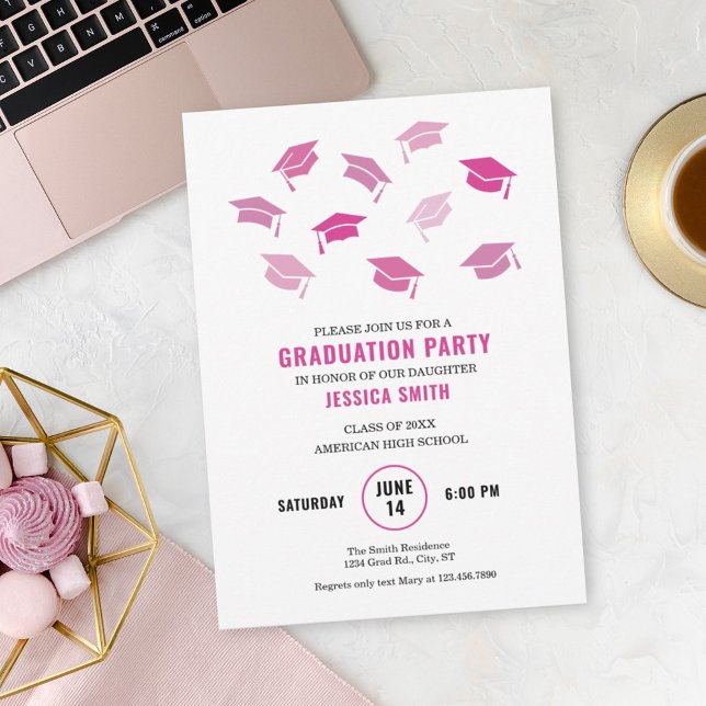 Modern Pink Caps Graduation Invitation (Creator Uploaded)