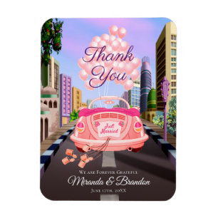 Modern Pink Cartoon Car with Balloons Thank You Magnet