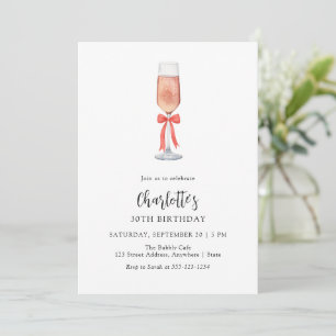 Modern Pink Champagne Bow Adult Birthday Invitation