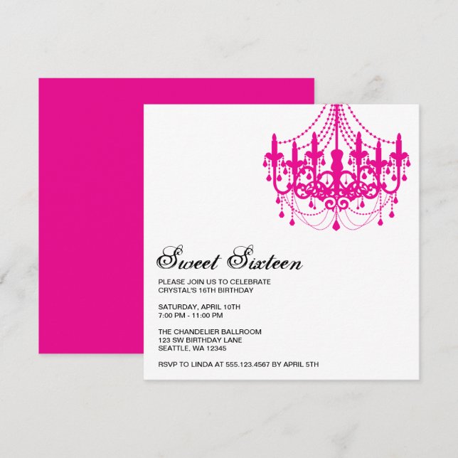 Modern Pink Chandelier Sweet Sixteen Birthday Invitation (Front/Back)